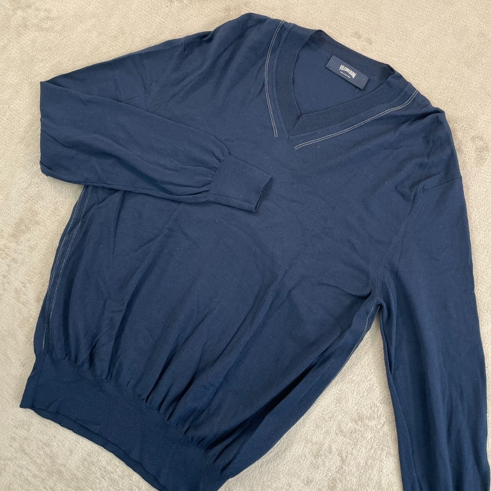 Vilebrequin Collection 100% Merino Wool V Neck Sweater Men Medium Navy Blue $485